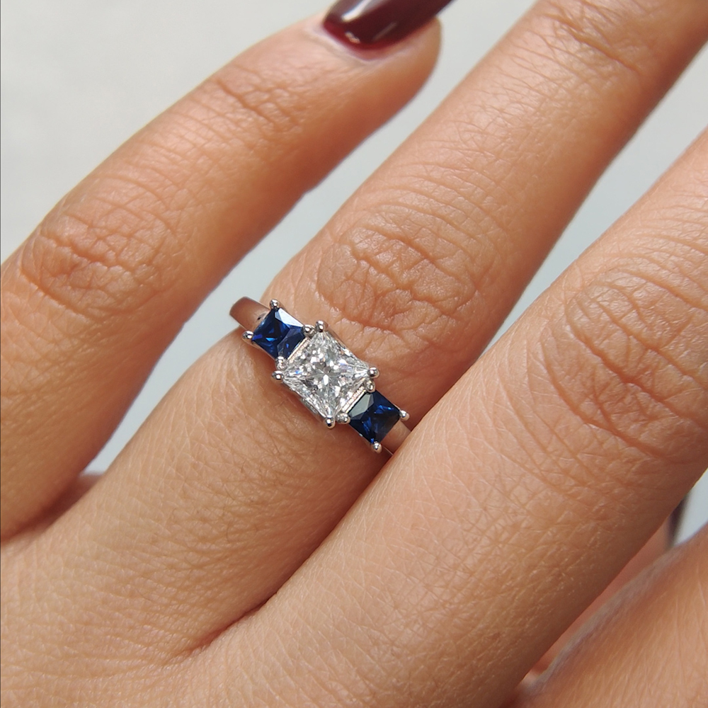 Three stone diamond hot sale sapphire engagement ring